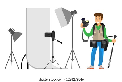 Photographers taking picture with photo equipment. Flashstand portable mounted flash speedlite flashgun isolated on white vector studio photographing gear