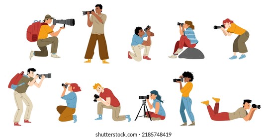 Photographers taking pictures, standing, sitting and lying with cameras in hands, flat vector characters set. Cartoon men women shooting photos at work or on vacation. Creative people enjoying hobby