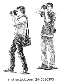 Photographers, two young men taking pictures on camera, profile, sketch, vector hand drawing black and white isolated on white