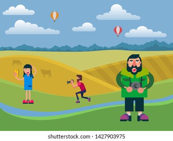 Photographers using camera outdoors. Shooting beautiful sexy woman. Model girl posing on country landscape background with air baloons in skies. Not successfull vector cartoon character paparazzi.
