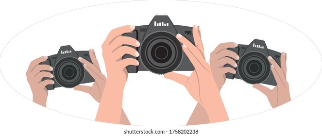 Photographers in vector. The hands of three people are holding black cameras. Logo for operators, tourists, paparazzi. Isolate on white background in oval frame.