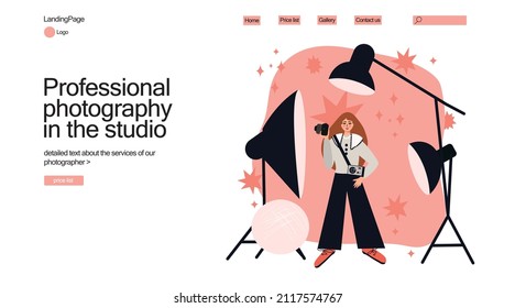 The photographer's web banner or landing page. A professional photographer with a camera takes a photo in the studio.