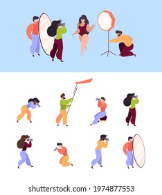 Photographers working. Professional paparazzi with cameras media content creators photo session with model hobby garish vector illustration collection