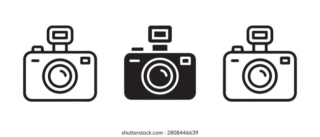 Photographic camera with flash icon set, three different styles, digital photo device symbol, vector illustration.