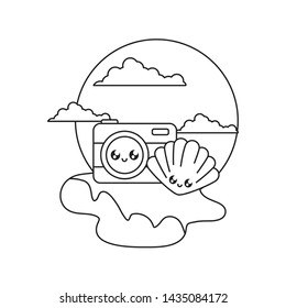 photographic camera with seashell kawaii in the beach