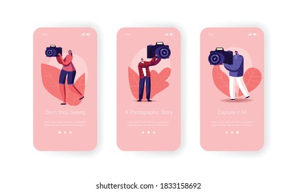 Photographic Courses Mobile App Page Onboard Screen Template. Tiny Characters with Huge Photo Camera Learning to Shoot Pictures Professionally, Education Concept. Cartoon People Vector Illustration