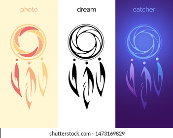 Photographic Dream Catchers. Original vector sign for photographer or videographer. 6 blade iris of diaphragm is in the circle. Three abstract feathers. Various ethnic charms. Stamp, tattoo and icon