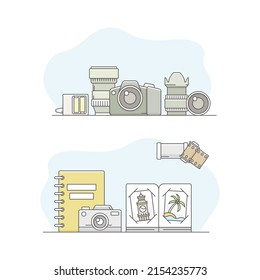 Photographic equipment set. Professional cameras and photo prints vector illustration