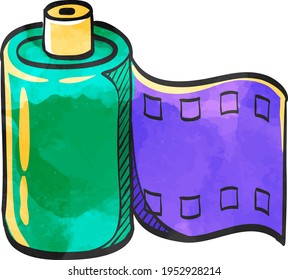 Photographic film icon in color drawing. Photo vintage camera media industrial shooting