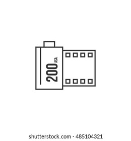 Photographic film icon in thin outline style. Photo vintage camera media industrial shooting