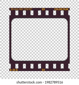 Photographic film slide. Realistic vector illustration with shadow on transparent background. Blank vintage photo frame. Individual sheet of transparent film with double perforations, 35mm width.