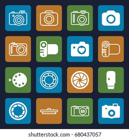 Photographic icons set. set of 16 photographic filled and outline icons such as heart with camera
