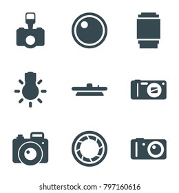 Photographic icons. set of 9 editable filled photographic icons such as camera