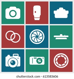 Photographic icons set. set of 9 photographic filled icons such as camera, camera shutter