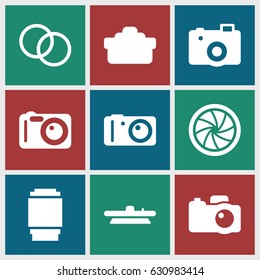 Photographic icons set. set of 9 photographic filled icons such as camera, camera shutter