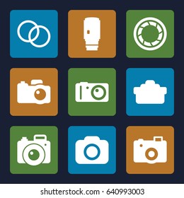 Photographic icons set. set of 9 photographic filled icons such as camera, camera shutter