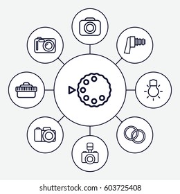 Photographic icons set. set of 9 photographic outline icons such as camera