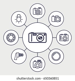 Photographic icons set. set of 9 photographic outline icons such as camera