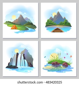 Photographic illustrations of rivers, mountains, hills and waterfall