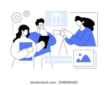 Imagens fotográficas isoladas de desenhos animados com ilustrações vetoriais. Jovens estudantes fazem cursos de fotografia, supervisionam professores, segurando a câmera nas mãos, processo educacional de desenhos vetoriais.