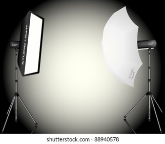 Photographic LIghting - Two Professional Studio Lights with Soft Box and Umbrella on Tripods