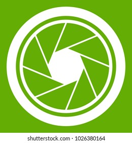 Photographic objective icon white isolated on green background. Vector illustration