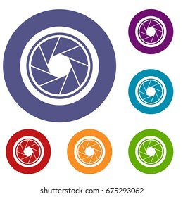 Photographic objective icons set in flat circle reb, blue and green color for web