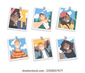 Photographic Print or Selfie Picture with People Characters Smiling Faces on It Vector Set