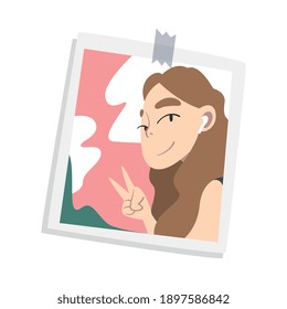 Photographic Print or Selfie Picture with Smiling Woman Face Gesturing on It Vector Illustration