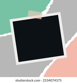 Photographic print taped with sticky tape on cut and torn paper background. Blank instant photo. Vector illustration