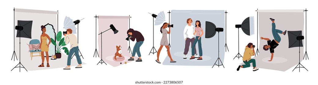 Estudio fotográfico. Fotógrafos disparando a mascotas y personas. Camarógrafo haciendo instantáneas. Historias y fotos temáticas. Los modelos de moda posan para el marco en el backstage. Garish