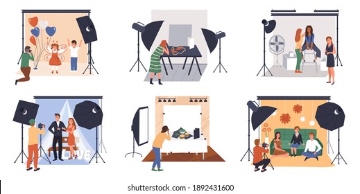 Photographic studio. Professional photographers work in studios, backstage process collection, people posing. Different shooting types subject, family and fashion photography vector cartoon scenes set