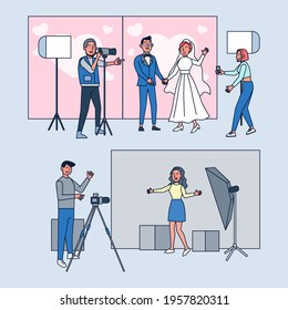 Photographic studio. Professional photographers work and shoot wedding in studio. Flat cartoon vector illustration.