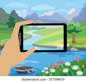 photographing the beautiful landscape (flat illustration)