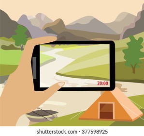 photographing the beautiful landscape (flat illustration)