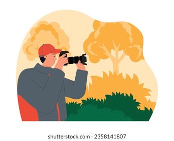 Photographing birds using camera, man doing bird watching as his hobby, vector illustration.