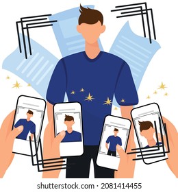 Photographing a celebrity. Male star, reporters filming on mobile, Paparazzi, news in the newspaper. Photographer taking photo. Cartoon vector illustration