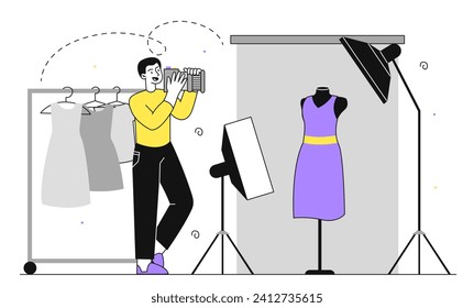 Photographing fashion clothing linear. Man with camera taking shot. Paparazzi and photographer with violet dress near softbox. Advertising. Doodle flat vector illustration isolated on white background