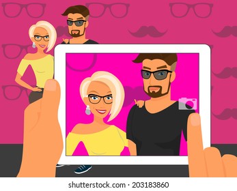 Photographing of happy couple on fuchsia background using white tablet pc