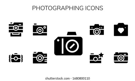Bildsymbolsatz. 9 gefüllte Fotosymbole.  Einfache, moderne Symbole wie: Kamera, Fotokamera
