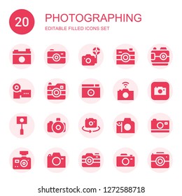 photographing icon set. Collection of 20 filled photographing icons included Camera, Photo camera