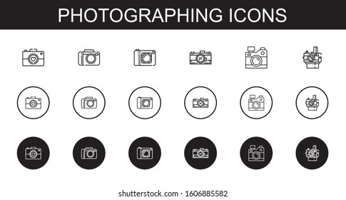 photographing icons set. Collection of photographing with camera, photo camera. Editable and scalable photographing icons.