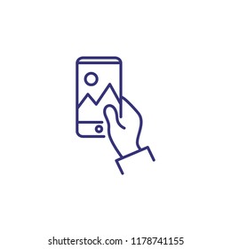Photographing landscape line icon. Camera, smartphone, message. Technology concept. Vector illustration can be used for topics like blogging, device, social media