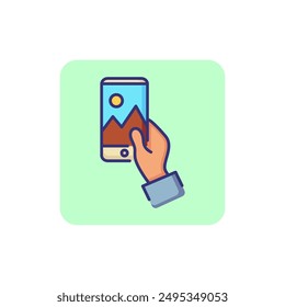 Photographing landscape line icon. Camera, smartphone, message. Technology concept. Vector illustration can be used for topics like blogging, device, social media