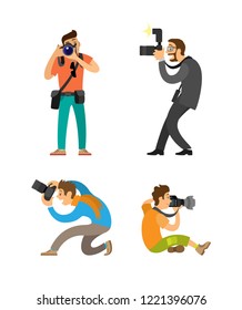 Photographing people set, photographer and paparazzi, modern cameras with flash. Man taking photos, journalist in glasses wearing suit vector illustrations.