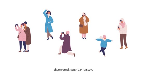 Photographing people in warm clothes flat vector illustrations set. Male and female faceless characters taking photos. Selfie posing. Winter season outdoor activity. Family rest, friendly walk.