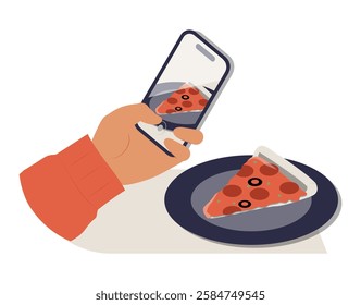 Photographing Pizza With Smartphone In Flat Vector Illustration Symbolizing Food Blogging, Social Media Trends, and Digital Photography, Isolated On White Background