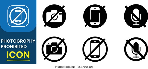 Photographing prohibition sign symbol icon set. No photography, no video recording, no camera. Flat design vector illustration.