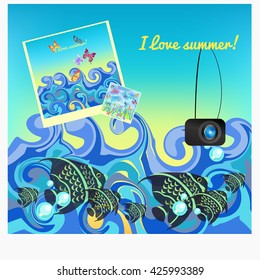 photographing for a vacation getaway at sea. vector illustration