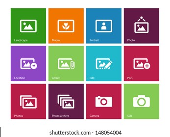 Photographs and Camera icons on color background. Vector illustration.